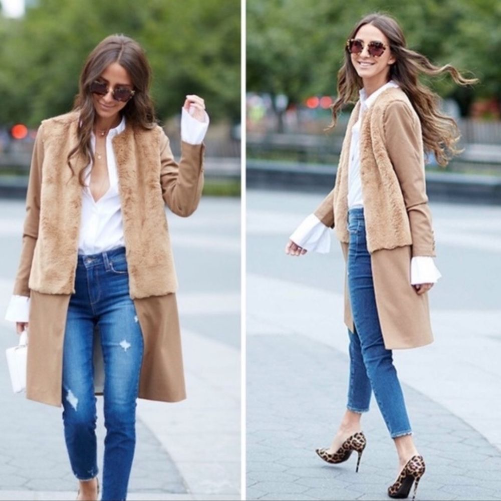 Treasure & Bond x Something Navy Camel Open Front Faux Fur Coat - Small